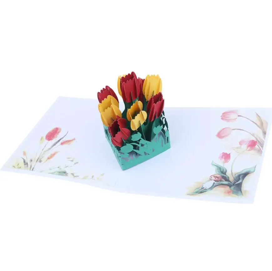  10pcs Handmade Kirigami Origami Tulips Flower 3D Pop UP Greeting Cards Invitation card For Wedding  - 32981579396