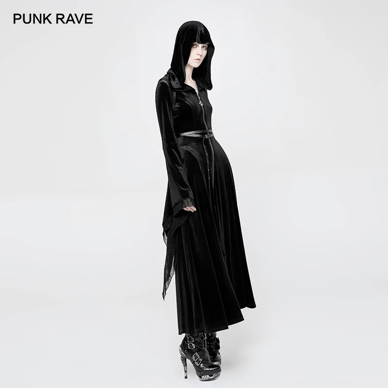 

PUNK RAVE Women's Gothic Hooded Black Long Coat Slim Winter Halloween Stage Performance Club Witch Outwear Women Woolen Coats