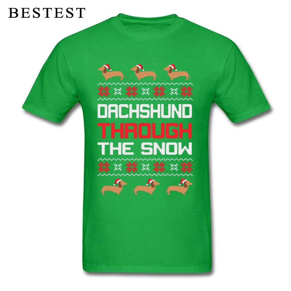 Dachshund Through The Snow 2221 O Neck Top T-shirts Summer Fall Funny Tees Short Sleeve Discount 100% Cotton Tshirts Men's Dachshund Through The Snow 2221 green
