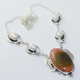 

Unakite & Pearls Necklace Silver Overlay over Copper, 47.5 cm, N1740