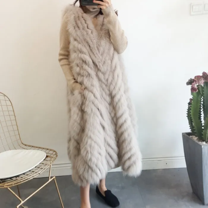 

REROYFU Long 110cm Best Natural Fox Fur Vest Real Fur Coat For Women's Genuine Fur Jacket Waistcoat Loose Design 6XL
