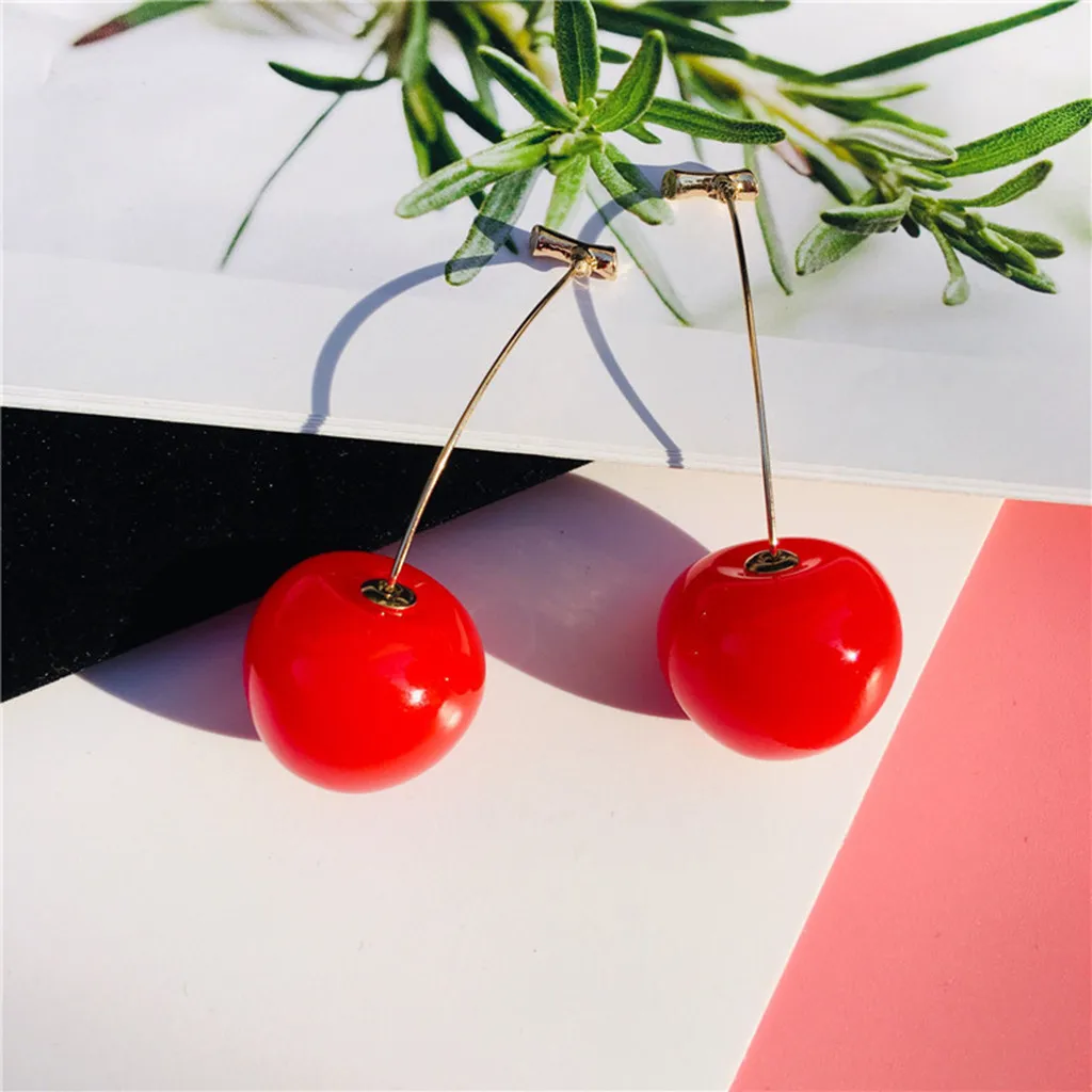

Zerotime #H5 2019 Sweet Red Cherry Fruit Long Gold Pendant Earrings Ladies Jewelry simple brinco Ohrring Wholesale Free Shipping