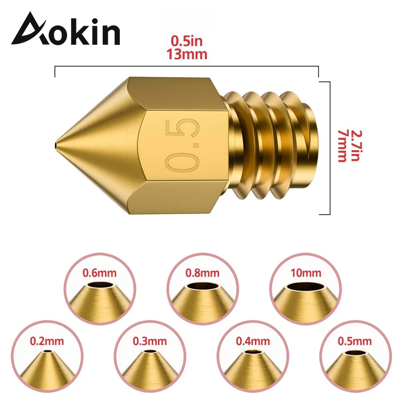 

Aokin 5pcs MK8 Nozzle 0.4mm 0.3mm 0.5mm 0.8mm 3D Printer Extruder Nozzle Copper Head Brass M6 Threaded for 1.75mm Filament