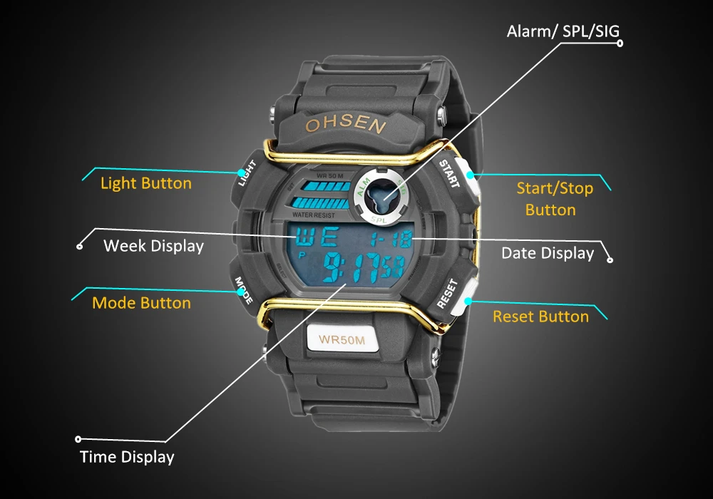 OHSEN модный бренд открытый спортивные мужские Цифровые наручные часы каучуковый ремешок 50 м Водонепроницаемый ЖК-дисплей мальчиков часы мужской руке часы подарки