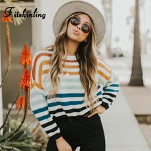 Fitshinling Rainbow Striped Sweater Woman Winter 2019 Autumn Pullover knitted Jumper Female New Sweaters For Women Pull Femme sweaters modis m182w00296 jumper sweater clothes apparel pullover for female for woman tmallfs