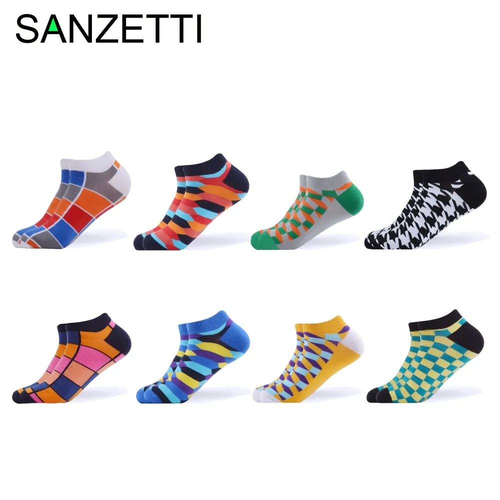 

SANZETTI 8 Pairs/Lot Men Women 2019New Colorful Ankle Socks Casual Combed Cotton Dress Plaid Striped Geometric Pattern Boat Sock