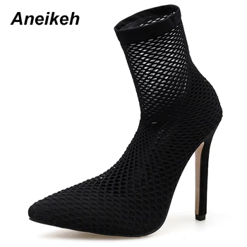 

Aneikeh 2019 Mid-Calf Boots Women's Shoes Hollow out High Mesh Thin Heels Spring Autumn Sexy Booties Party Black Mesh Size 35-42