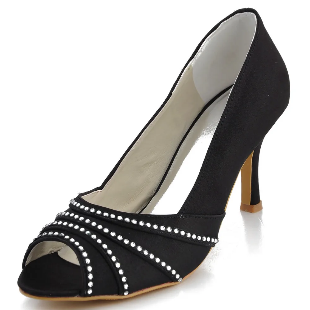 

EP11051 Black Peep Toe Rhinestone High Heel Shoes Sexy Pumps for Women Stiletto Heel Satin Prom Shoes