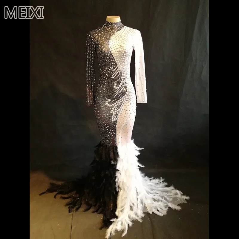 

Luxury black and white feather tail rhinestone elastic one-piece dress bar nightclub concert singer dancer costume