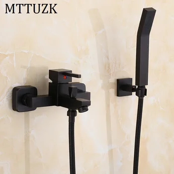 

MTTUZK Black Brass Hot and Cold Mixer Single Handle Shower Faucet Set Wall Mounted Square Bath Shower Faucet With handsprays