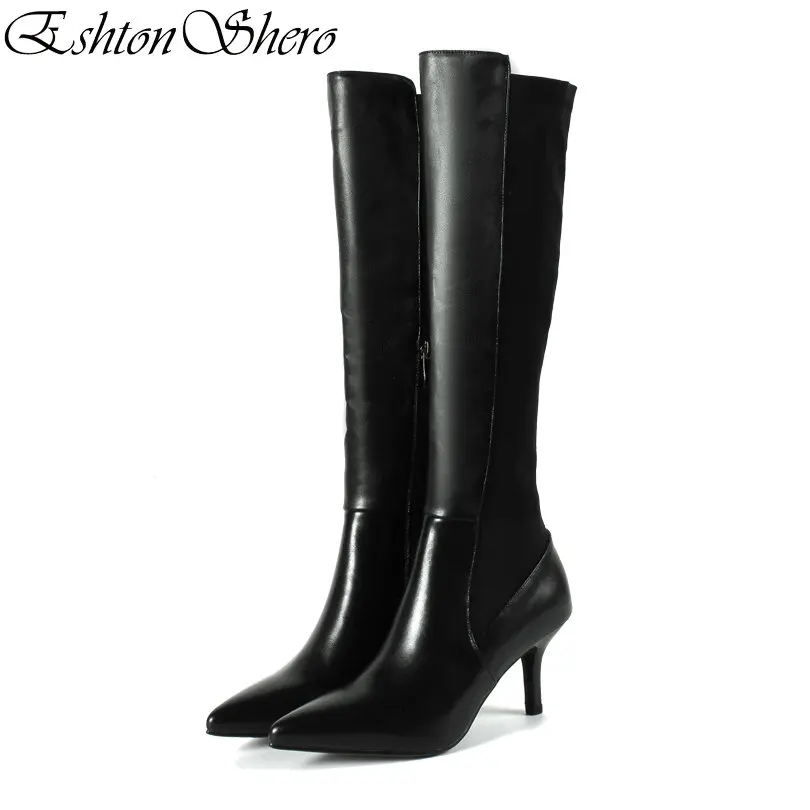

EshtonShero Autumn Shoes Woman Knee High Boots Thin High Heel Genuine Leather+PU Pointed Toe Ladies Party Boots Size 34-43