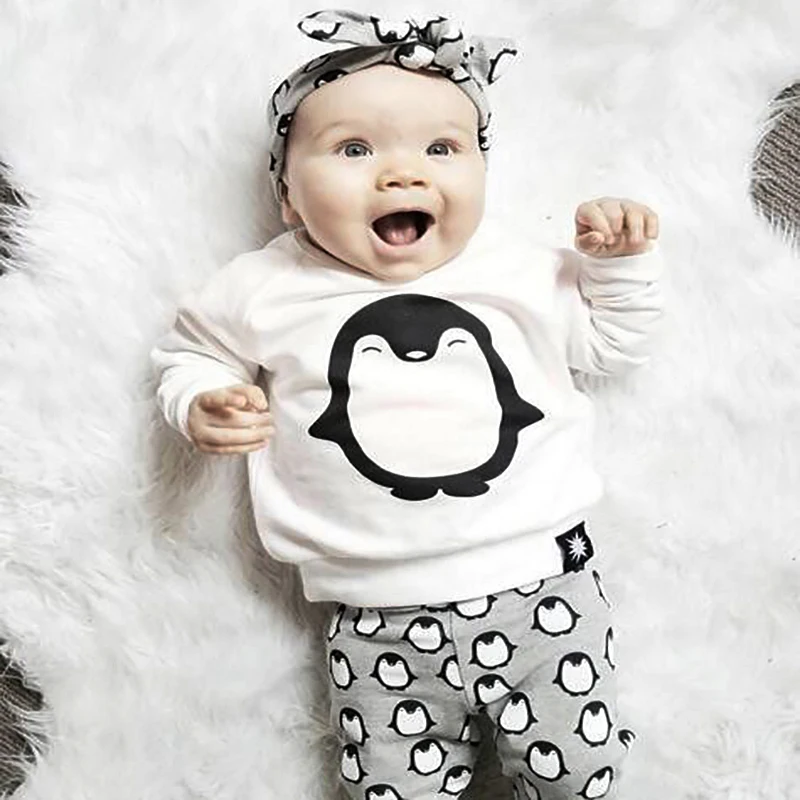 Fashion Baby Girl Clothes 2PCS(Cute Penguin Print Long Sleeve Tshirt+Pants) Baby boy girls Clothing Set Newborn Baby Boy Clothes