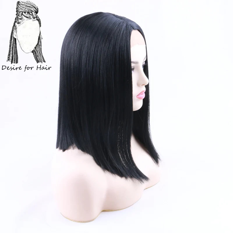 Desire for hair 14 дюймов японский futura волокно черный цвет короткий прямой синтетический кружевной передний парик со средней частью для женщин