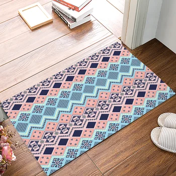 

Geometric pattern of Blue-pink Ethnic Lattice Doormats For Entrance Way Boot Shoes Scraper Bath Shower Tub Accessory Sets Floor