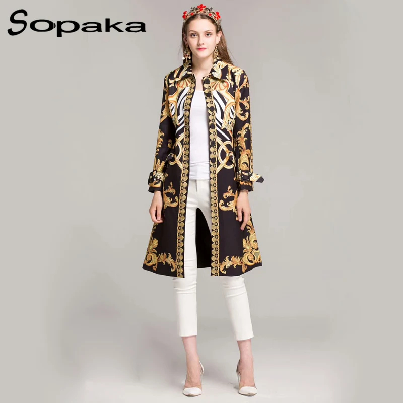 

2019 Autumn / Spring Vintage Black Gold Floral Pattern Print Sashes Single Breasted Long Coat Runway Designer Women Trench XXL