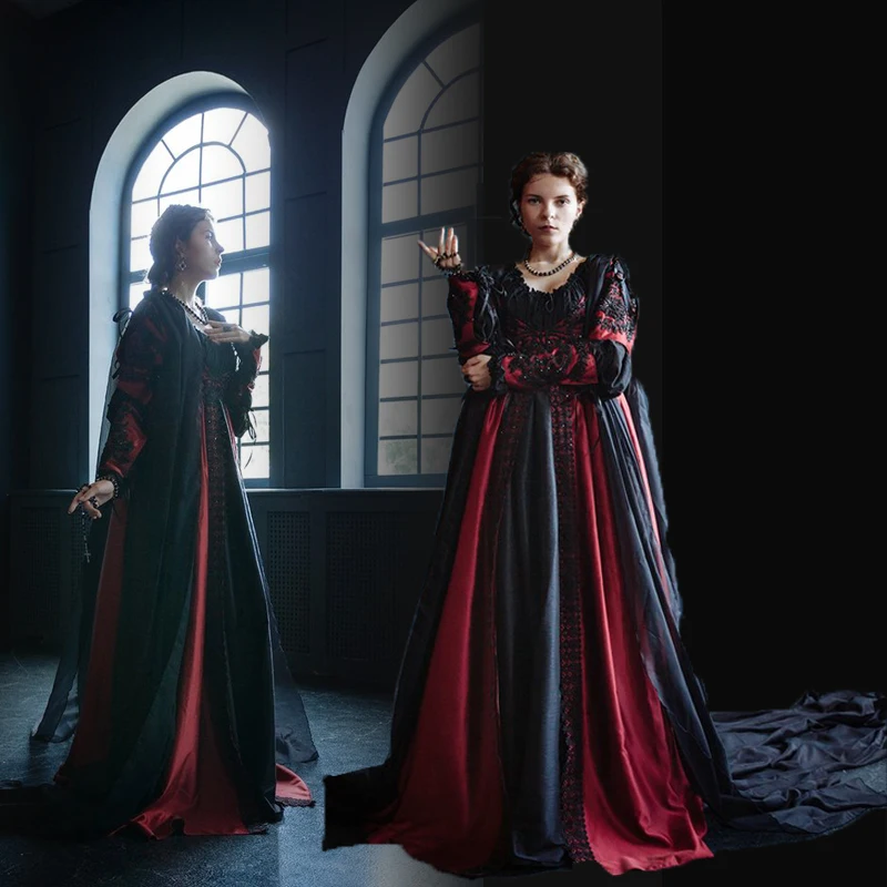

Tailored!Eras Red Lace Dress with Black Shawl 18th Gothic Theater medieval Renaissance Reenactment Victorian dresses HL-353