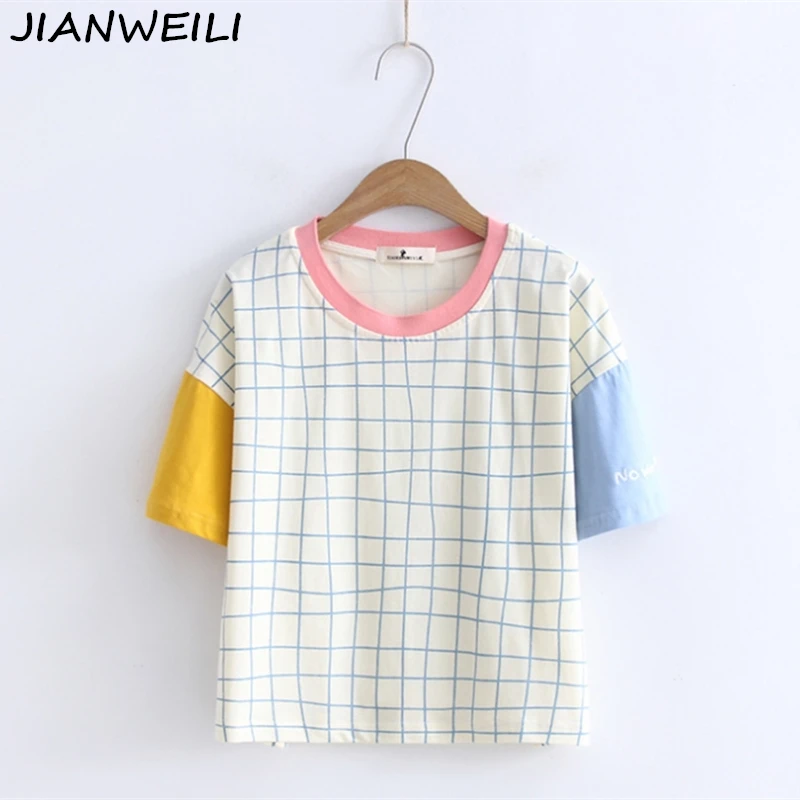 

JIANWEILI Summer t shirt women plaid O-Neck harajuku Short Sleeves T-shirts tshirt Tops Tee for women girls simplicity t-shirt