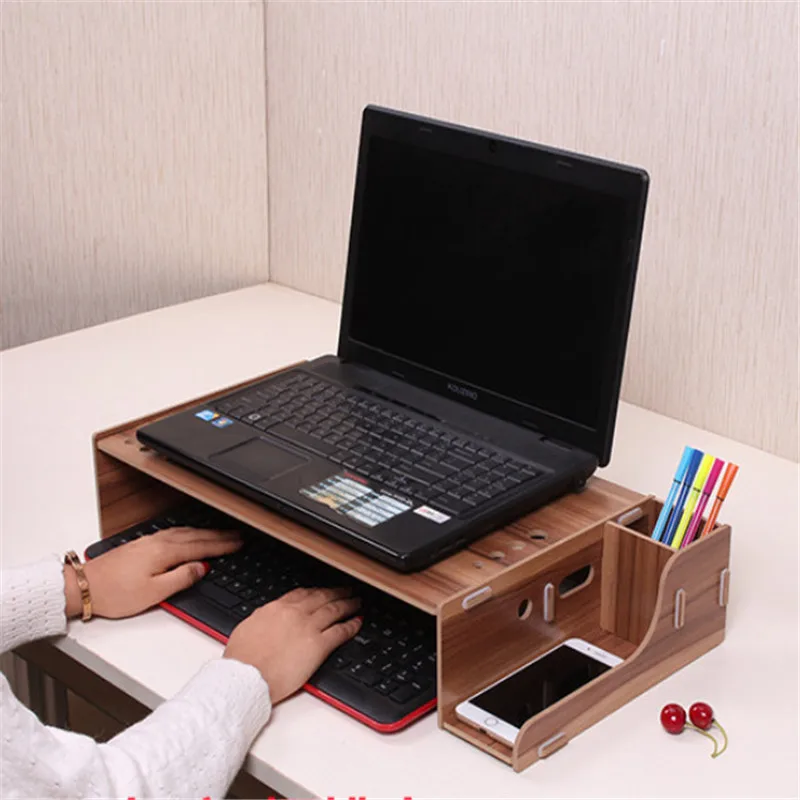 

Multi-function Desktop wooden laptop stand Monitor Stand handwork Assembly storage strong stand design two Heat dissipation hole