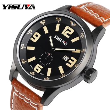 

YISUYA Men's Sports Watch Luxury Date Genuine Leather Brown Wrist Watches Male Pilot Military Japan Quartz Watch Relojes
