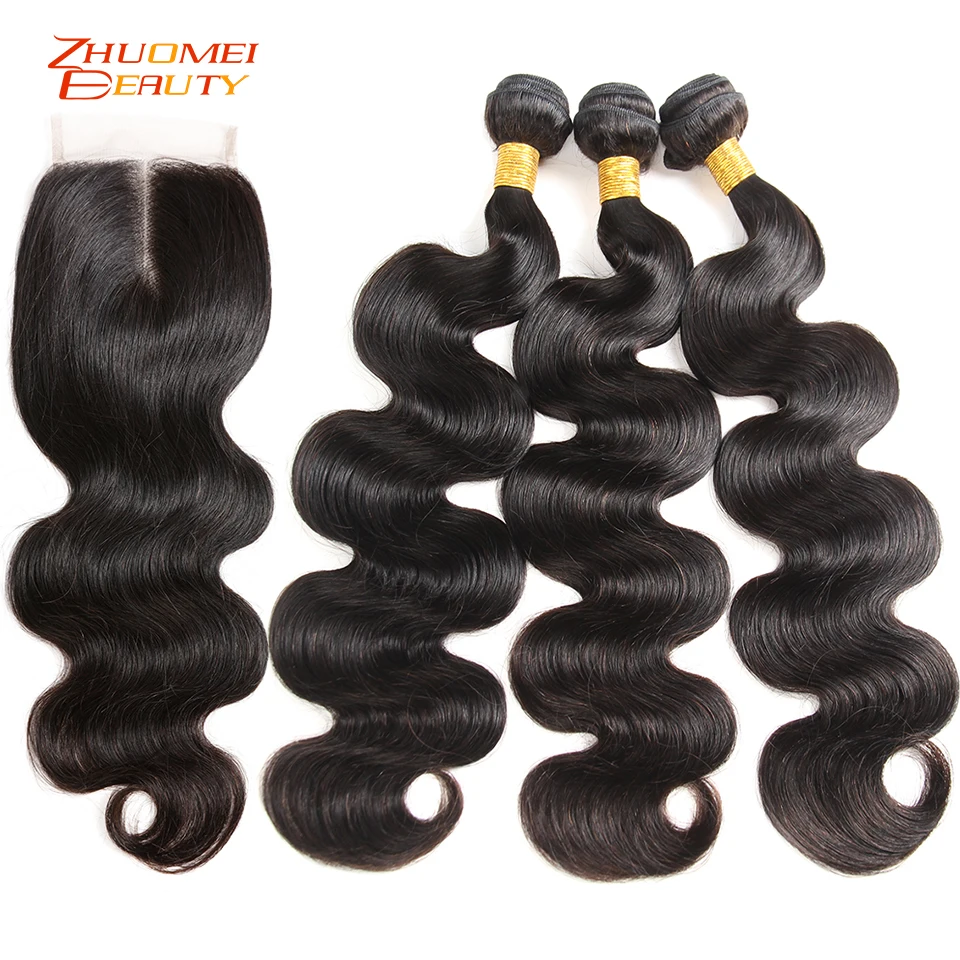 melhor Pacotes Com Fecho de Onda do corpo do Cabelo Brasileiro Weave Bundles Natural Cor Do Cabelo Humano 3 Pacotes Com Fecho da Extensão Do Cabelo Remy