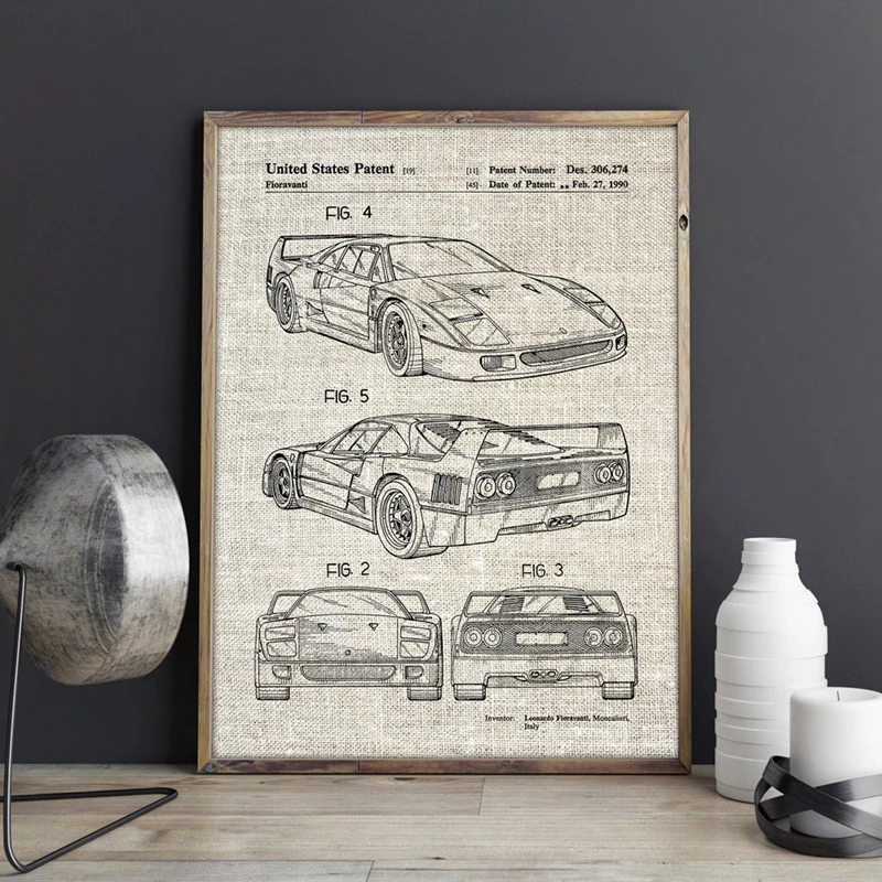 Для Ferrari F40, авторское произведение, патентные принты, авто настенное искусство, транспорт, плакат, декор комнаты, рисунок на холсте, картина, подарок