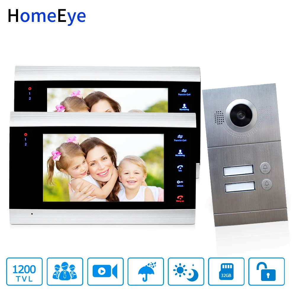 HomeEye 7'' Video Door Phone Video Intercom Multi-Apartments Home Access Control System for 2 Separate Family Door Bell OSD Menu