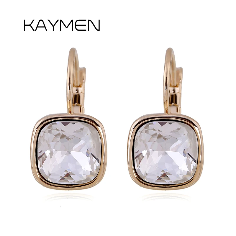 

KAYMEN Square Shape Inlaid Crystal with French Clip Earrings for Girl Gold Color Top Quanlity Earrings boucles d'oreille