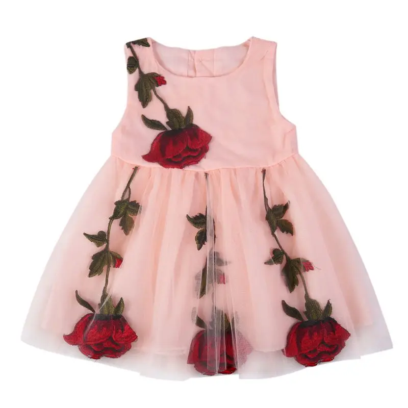 Летние футболки для девочек с вышивкой Платье с розой Для детей О-образный воротник, без рукавов Мини платье sx1