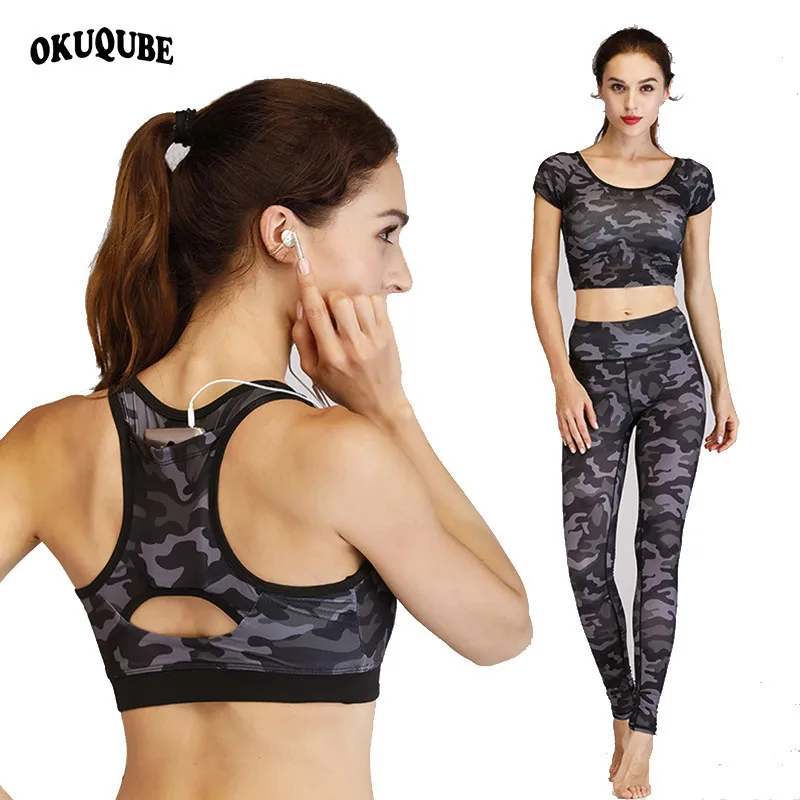 

OKUQUBE 2018 New Women Sport Suit Polyester Fitness Suit Female Three Pieces Gym Suit Leopard Yoga Set Camouflag S-XL Sportswear