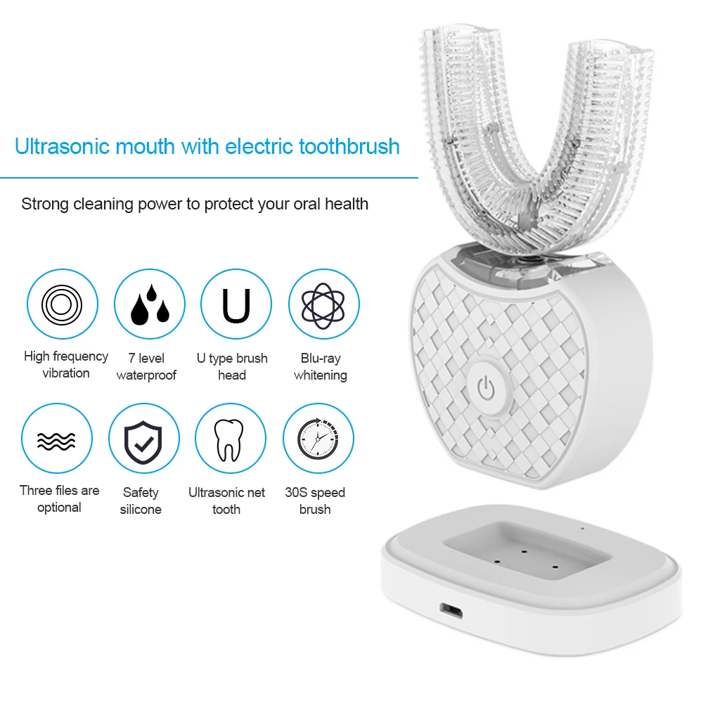 

360 Degree Sonic Automatic Electric Toothbrush Teeth Whitening Blue Cold Light Intelligent Silicone Toothbrush 4 Modes U Shape
