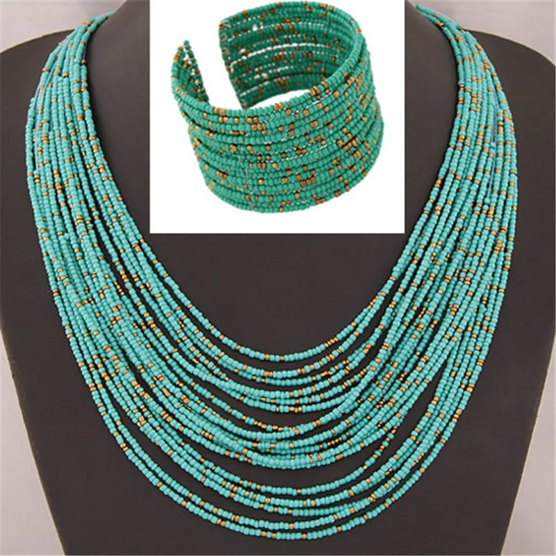 DIEZI African Acrylic Beads Jewelry Sets Bohemia Necklaces Bangles Women Fashion Statement Multilayer Necklace New Jewelry Set