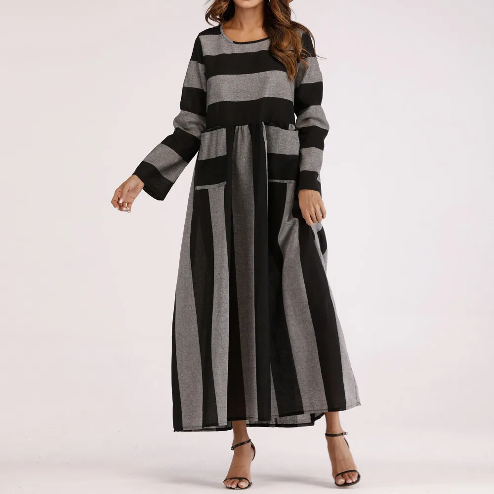 

Plus size Autumn Women Striped Long Dress Casual Long Sleeve Cotton Linen Loose Pocket Long Bohe Ladies Dress Kaftanfemme 2019