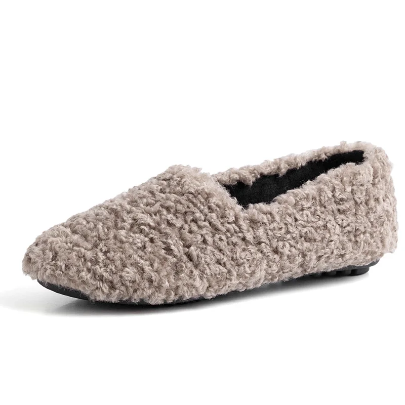 winter women real sheep fur loafers curly furry soft casual flat snow vacation non-slip cute young ladies luxury fashion shoes - Color: Grey