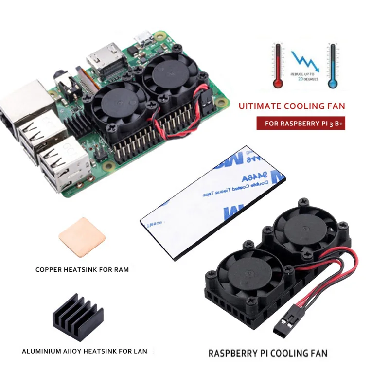 YOUNUON Raspberry Pi 3 3bPlus Dual Fan Double Cooling Fans For Raspberry Pi 2 Model B B+/Raspberry Pi 3 Model B B+/NESPi Retrofl