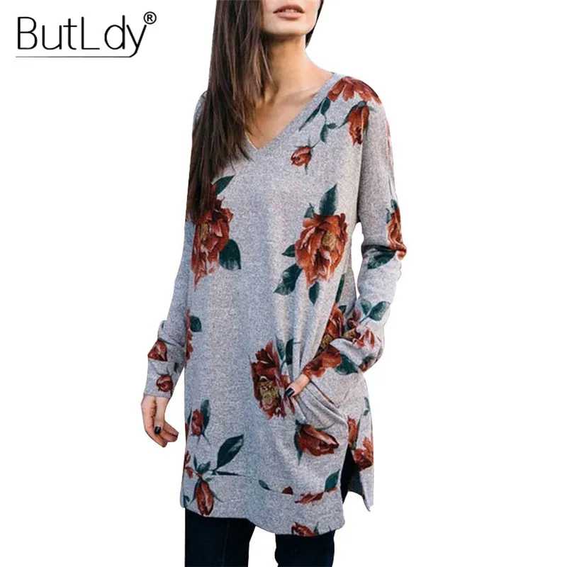 Side Split Floral Long Sweatshirt Women 2018 Autumn Winter