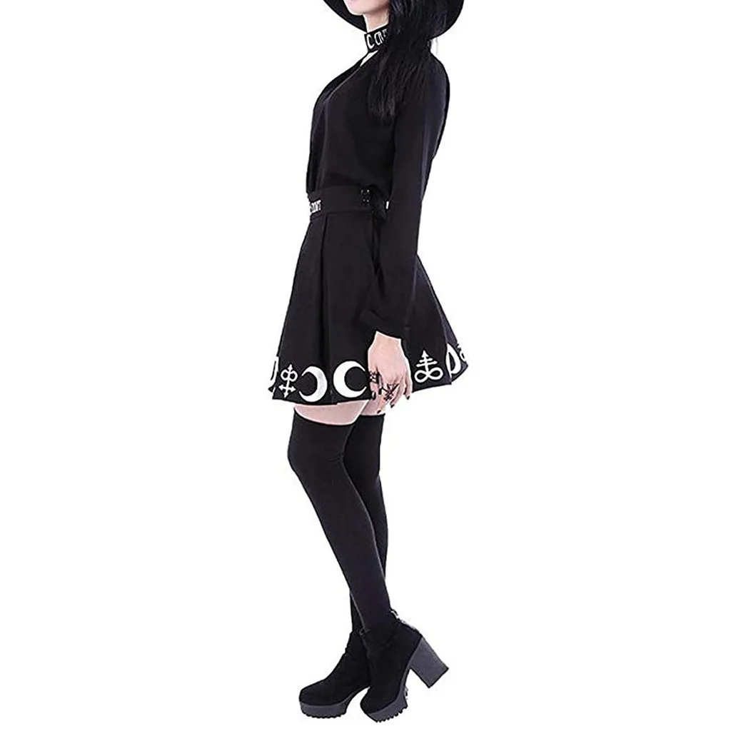 

TELOTUNY Women Dress Polyester Women Ladies Fashion Summer Gothic Punk Witchcraft Moon Magic Print Symbols Pleated Dress MARC15
