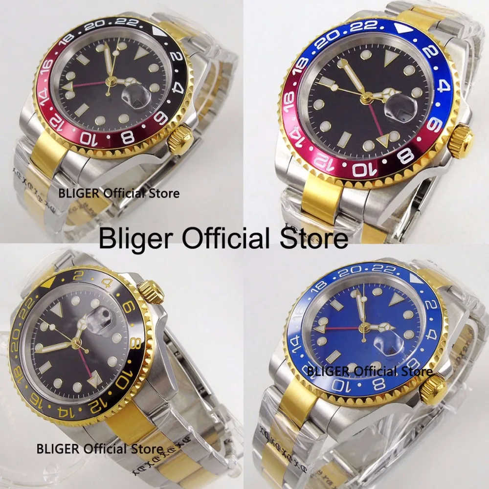 

Sapphire Crystal 40MM BLIGER Auto Date Golden Plated Case GMT Function Automatic Men's Watch SS Strap