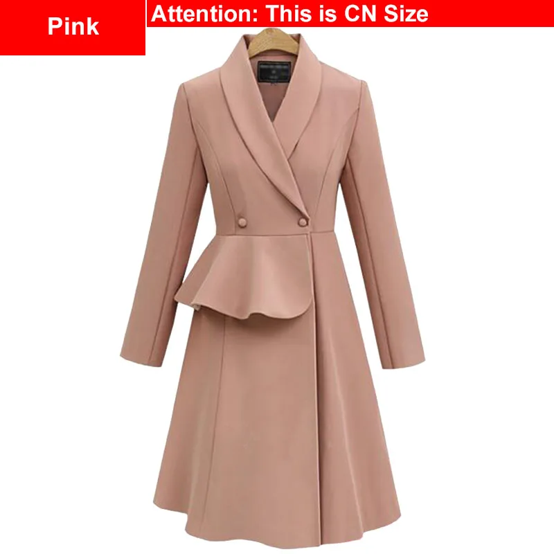Тренч размера плюс в европейском стиле с оборками на талии 3Xl 4Xl Весенняя уличная одежда двубортный женский длинный рукав длинное платье пальто - Цвет: Pink