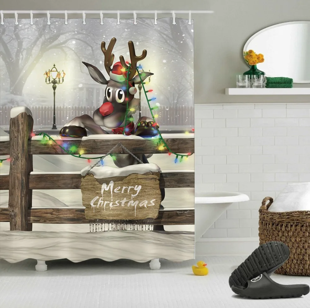 

Shower Curtains Merry Christmas Snow Wood Board Fence Luxury Bathroom Curtain Fabric Polyester for Bathtub Decor