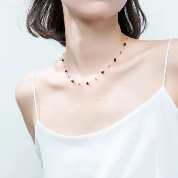 MloveAcc 100% Real 925 Sterling Silver Fine Jewelry Red Garnet Stone Bead Chain Necklaces for Women Statement Necklace Choker