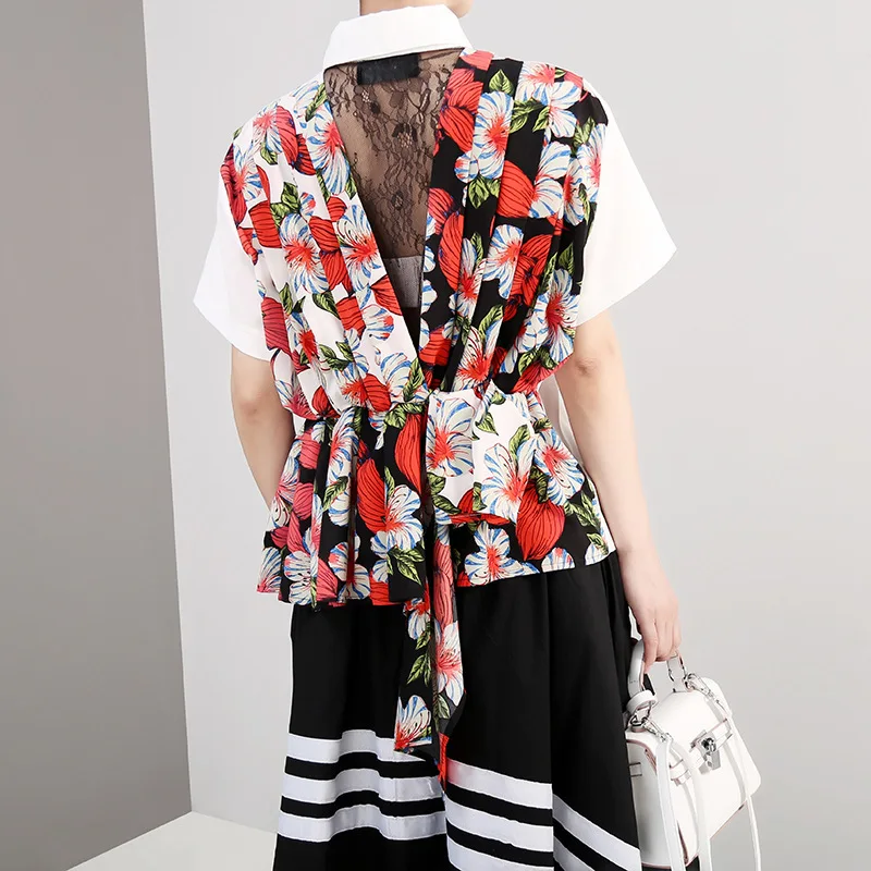 

YaLee New Fashion 2019 Summer Contrast Color Back Lace Printed Pleated Lapel Short Sleeve Single Breasted Loose Shirt Women A594