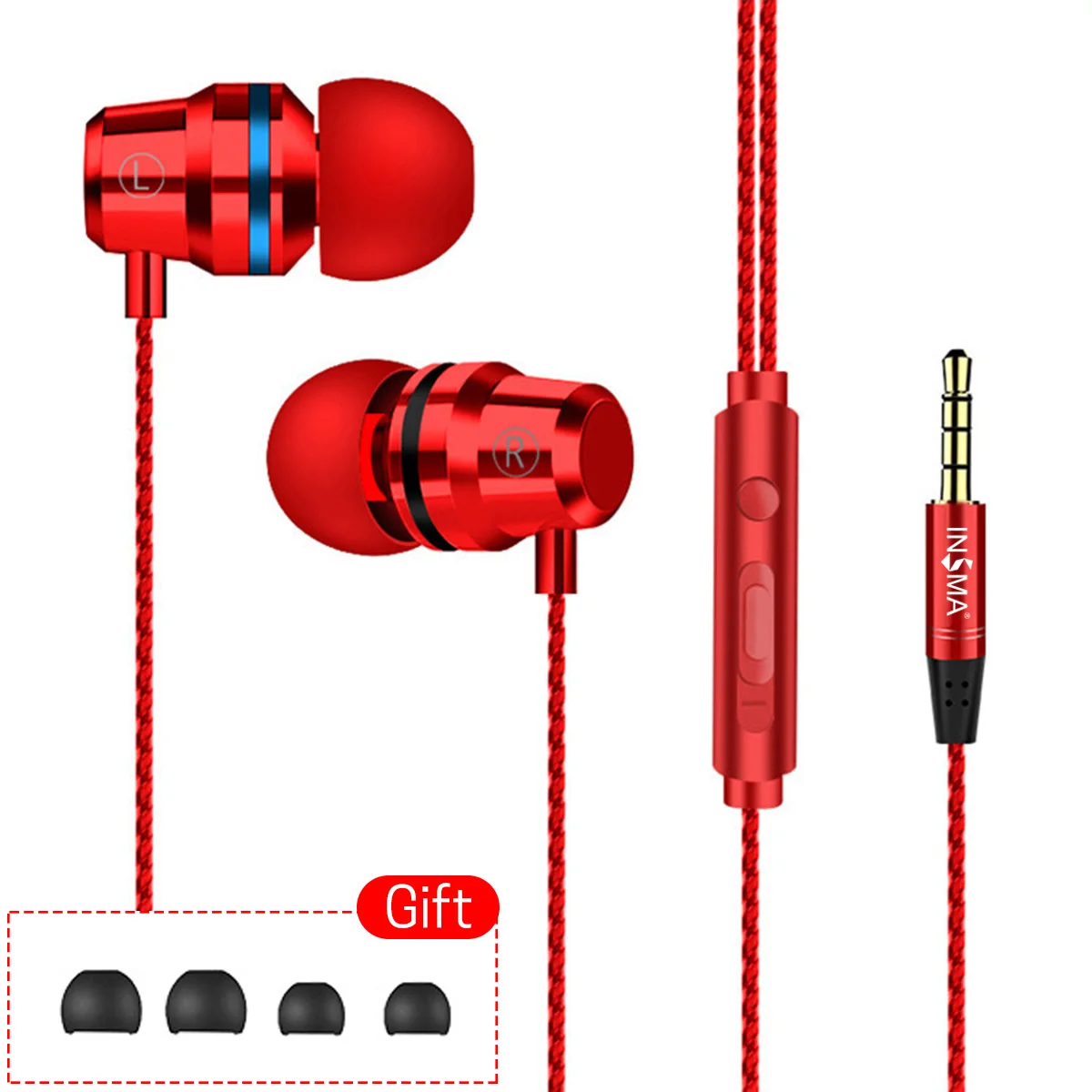 INSMA проводные наушники 3,5 мм в ухо наушники с микрофоном стерео гарнитура 5 цветов для samsung Xiaomi телефон компьютер - Цвет: Красный