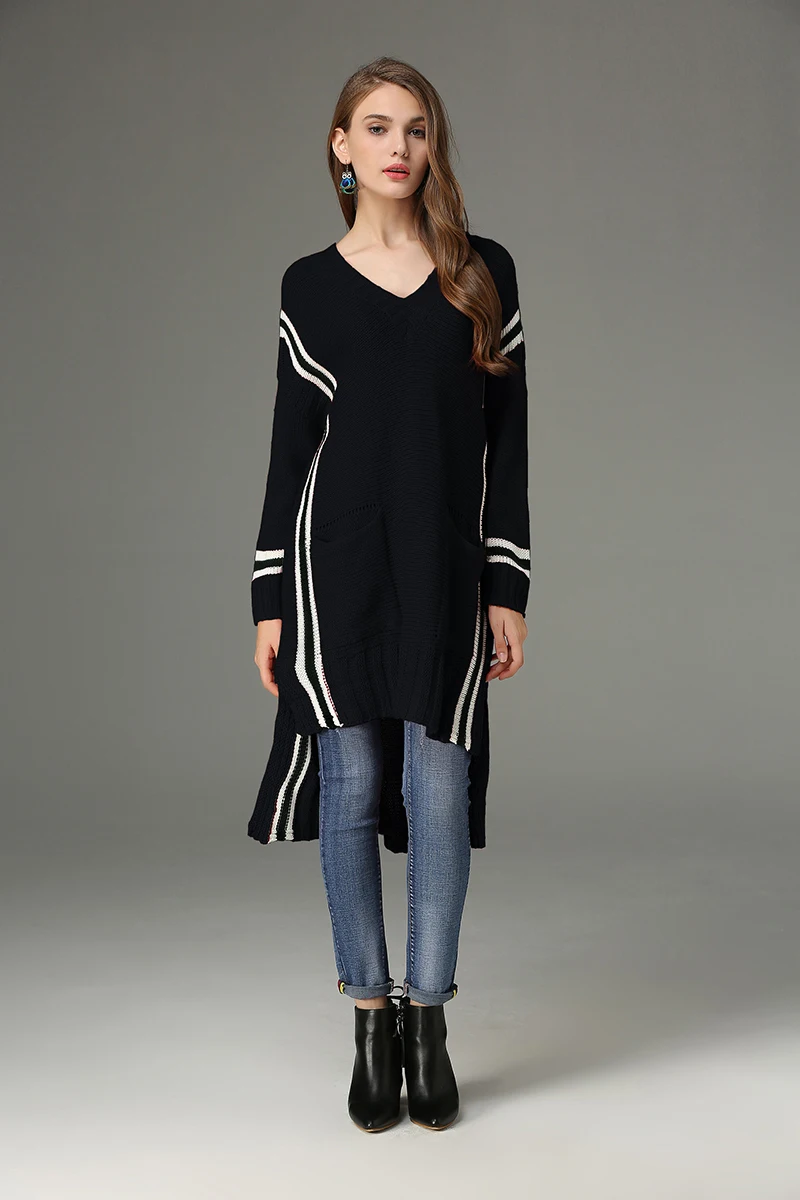 

2017 New Autumn Winter Women's Sweet V-neck Striped Long Sleeve Casual Sweaters Female Asymmetry Long Loose Pullover Sweater