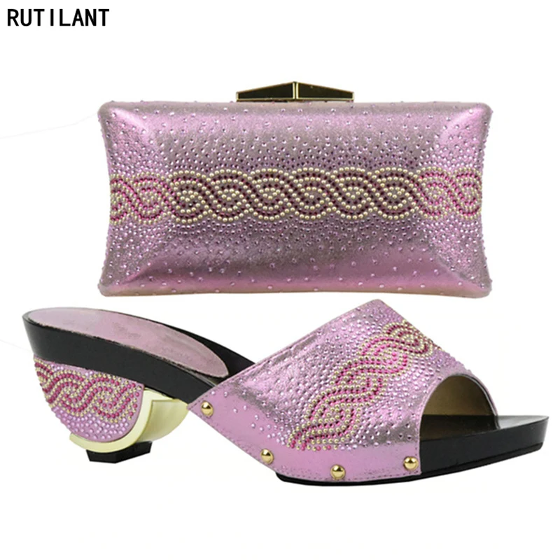rose Femmes De Partie Mariage Chaussures Et Pu pourpre Ensemble Ciel Sac Décoré argent Assortis Les Sacs or Nigérian Avec Rose Strass Couleur PqZHAA