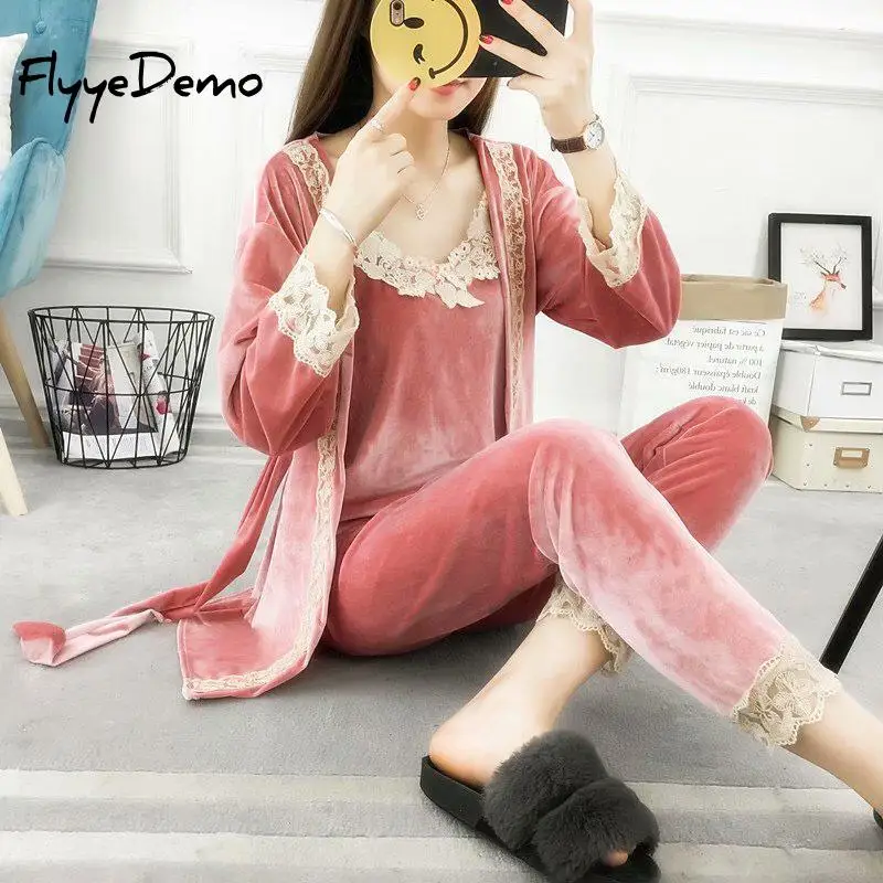 5XL брендовый осенний женский пижамный комплект из трех предметов бархатный кружевной лоскутный цветочный бархатный высококачественный халат-ночная рубашка размера плюс