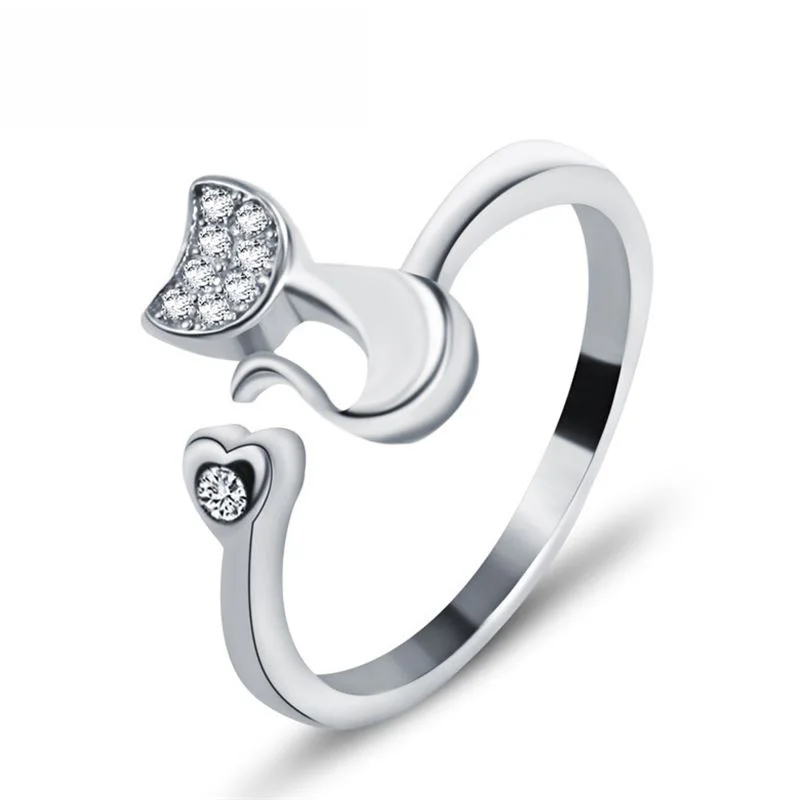 

LNRRABC Female Midi Finger Cat Ear Ring Rhinestones Heart Open Ring For Women Girl Child Gifts Bijoux Accessories Jewelry