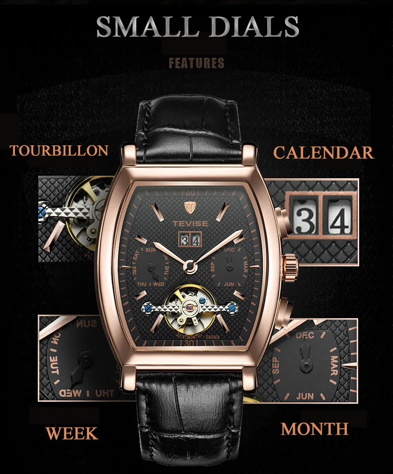 Tevise мужские Tourbillon автоматические деловые часы водостойкий Квадратный Циферблат Бизнес Повседневная Relogio Automatico Masculino с коробкой