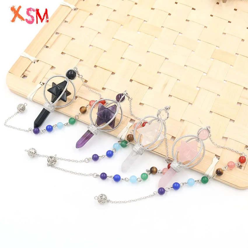 

xinshangmie Natural Amethysts Rock Crystal Rotary MelKaba Hexagonal Prism Reiki With Chakra Chain Pendulum 4 Color Choice 1Pcs