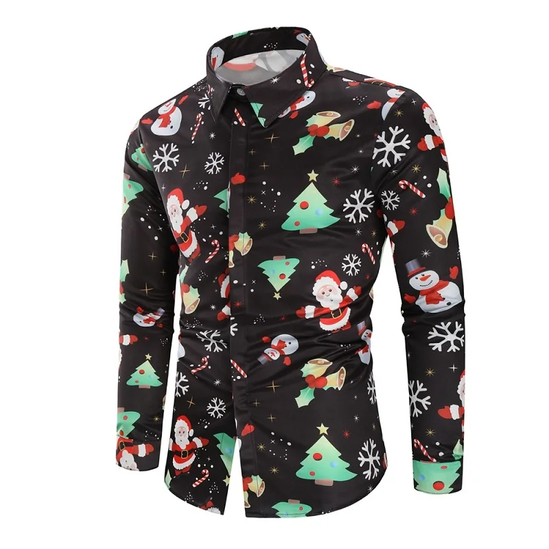 Рождественская Мужская рубашка с 3D принтом дерева, осенняя рубашка с длинным рукавом, зимняя мужская забавная рубашка с принтом - Цвет: Black