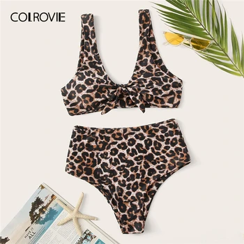 

COLROVIE Leopard Print Knot Top With High Waist Boho Swimwear Women Bikinis Set 2019 Wireless Beachwear Bathing Sexy Swimsuit